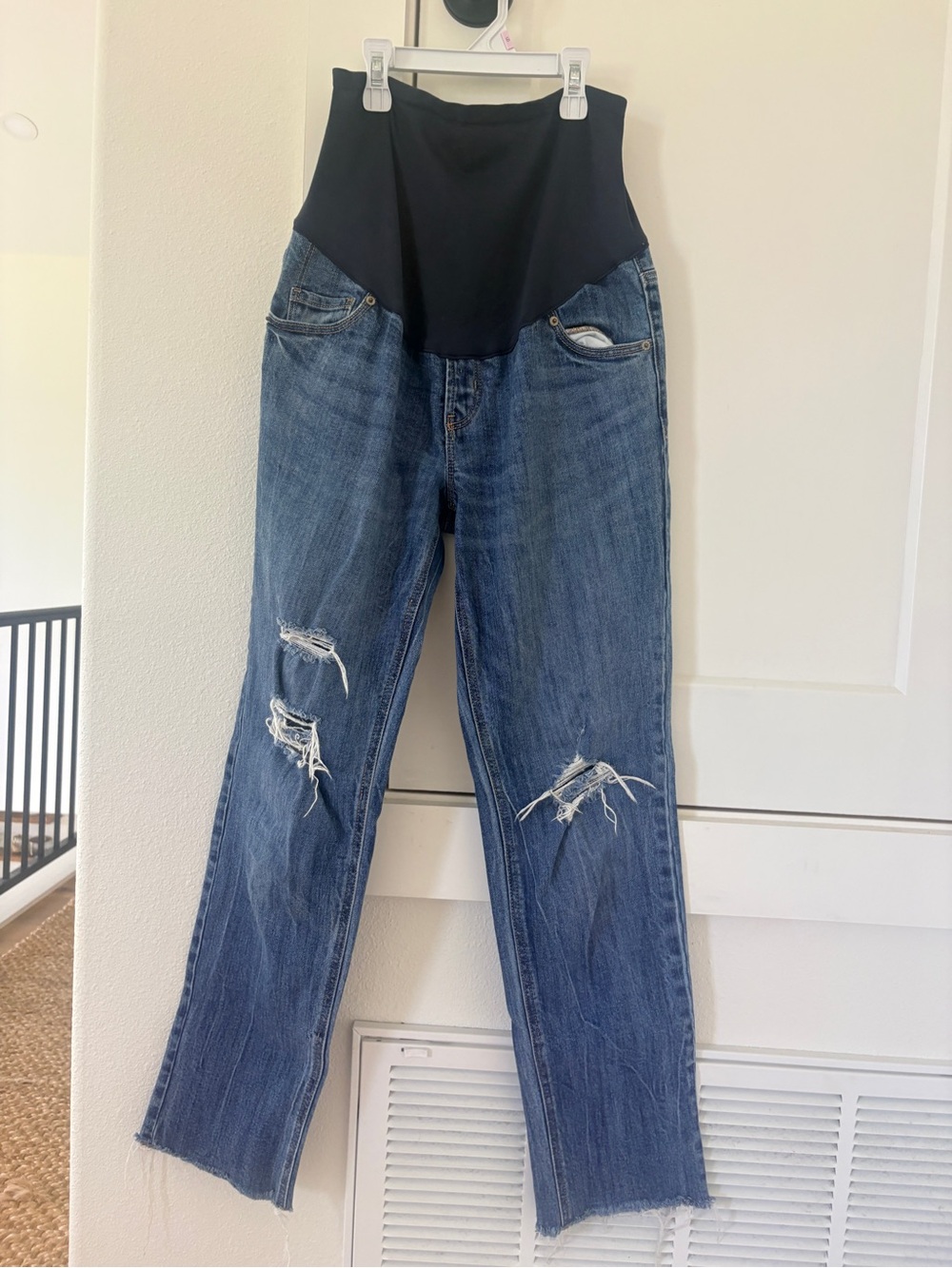 Maternity Distressed Straight-Leg Jeans with Navy Blue Support Panel Size 6